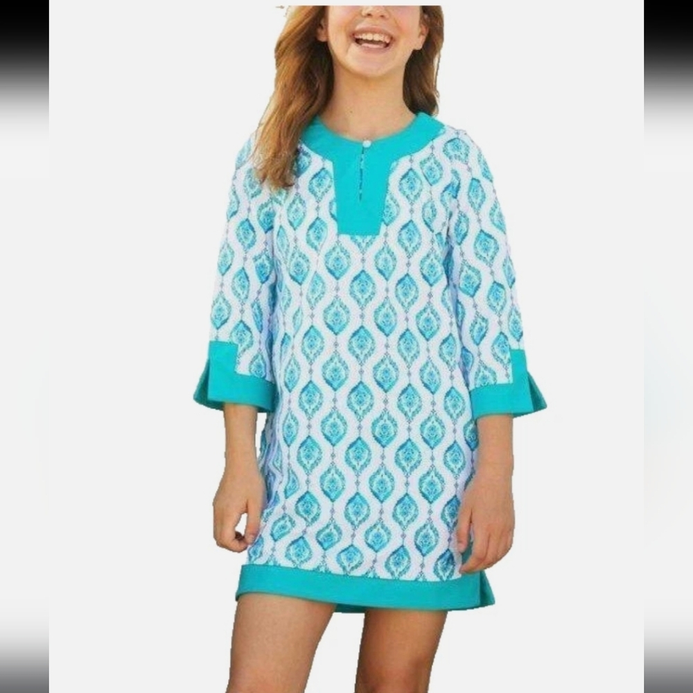 Cabana Life Girls Blue Geometric Paisley Tunic Dress Sun Protective